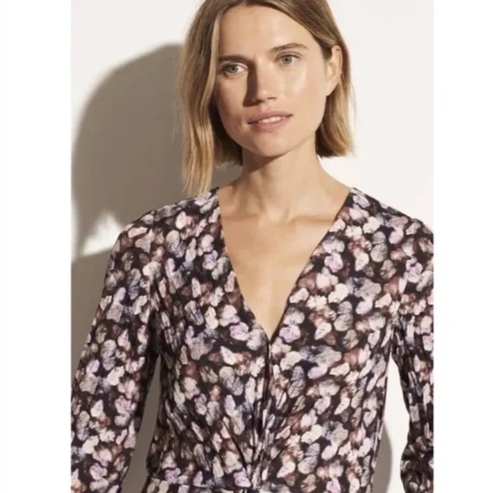 Vince Esme V-Neck Long Sleeve Micro Painted Floral Twist Drape Midi Dress Sz 14 - Picture 3 of 12